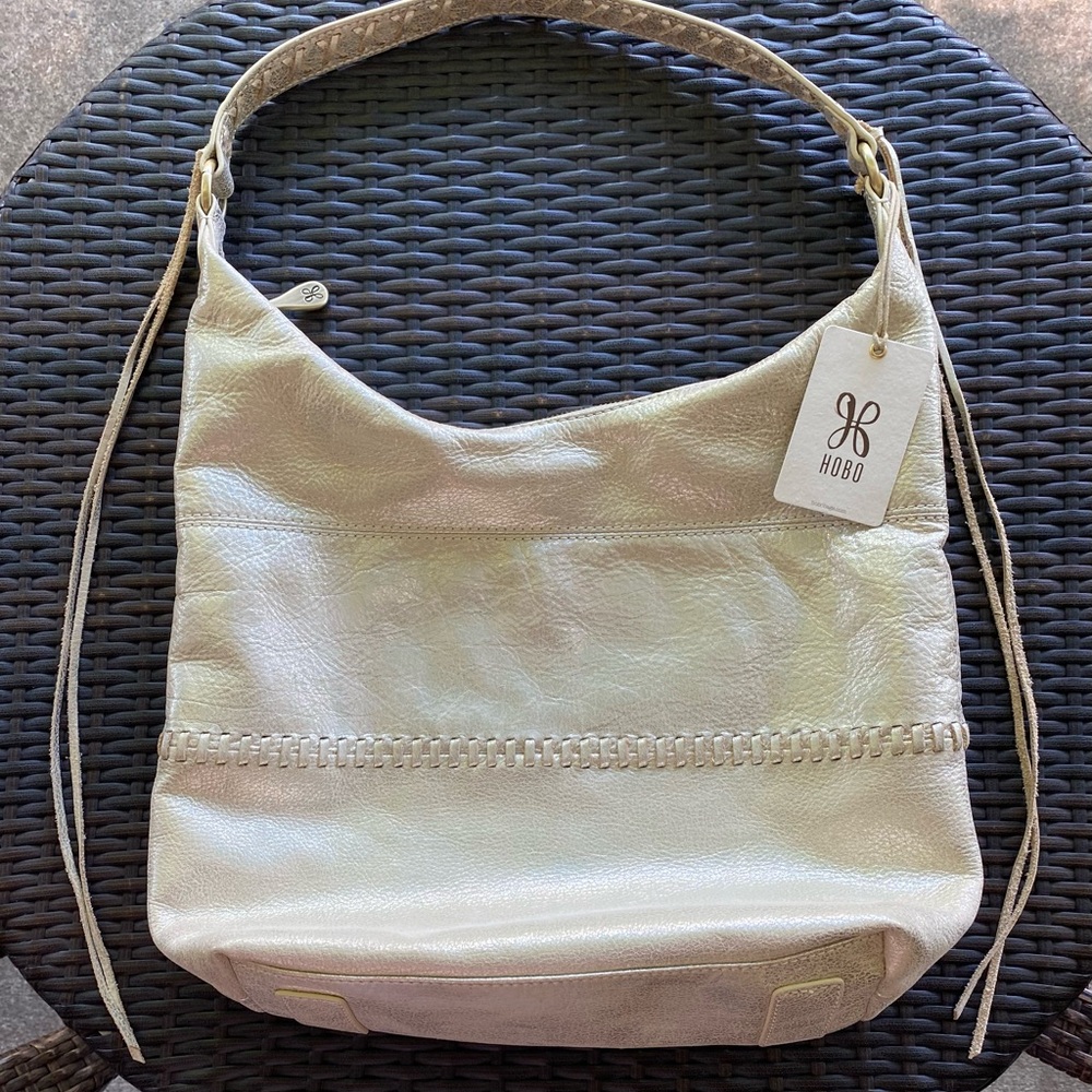 Hobo Cream Soft Metallic Leather Shoulder Bag NWT
